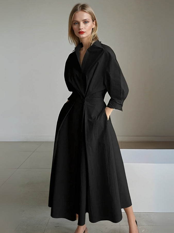 Midi Shirt Dress with Notch Collar, Pleated Skirt, and Three-Quarter Sleeves