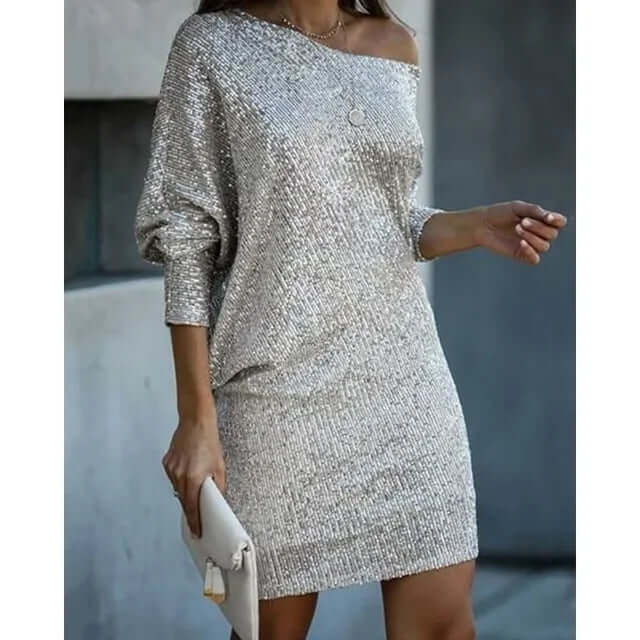 One-Shoulder Sequin Mini Dress with Batwing Sleeves and Fitted Skirt