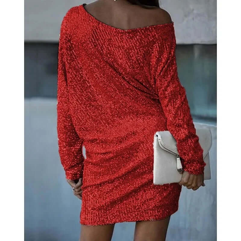 One-Shoulder Sequin Mini Dress with Batwing Sleeves and Fitted Skirt