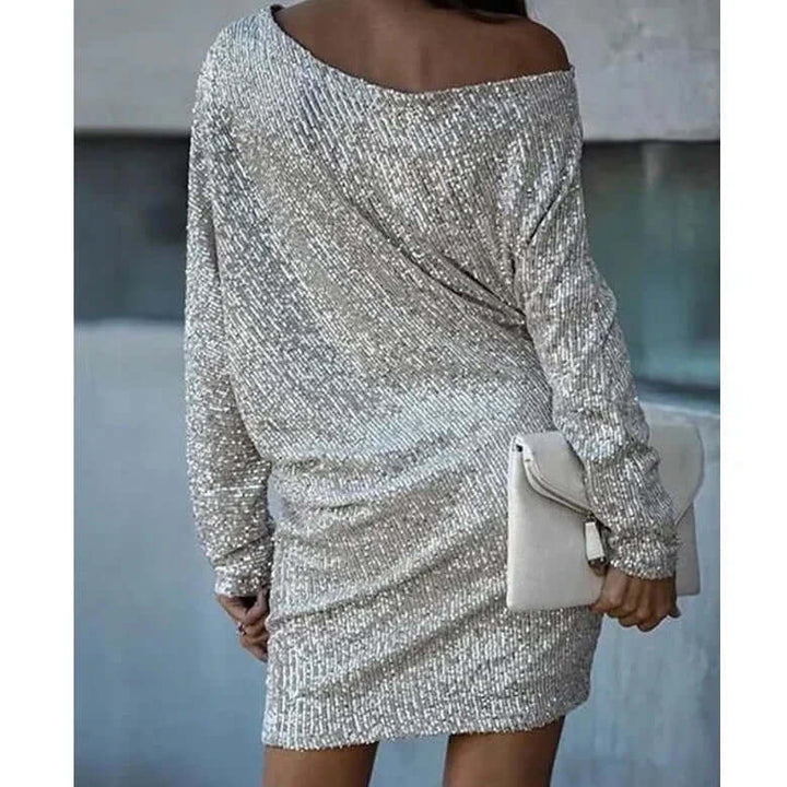 One-Shoulder Sequin Mini Dress with Batwing Sleeves and Fitted Skirt
