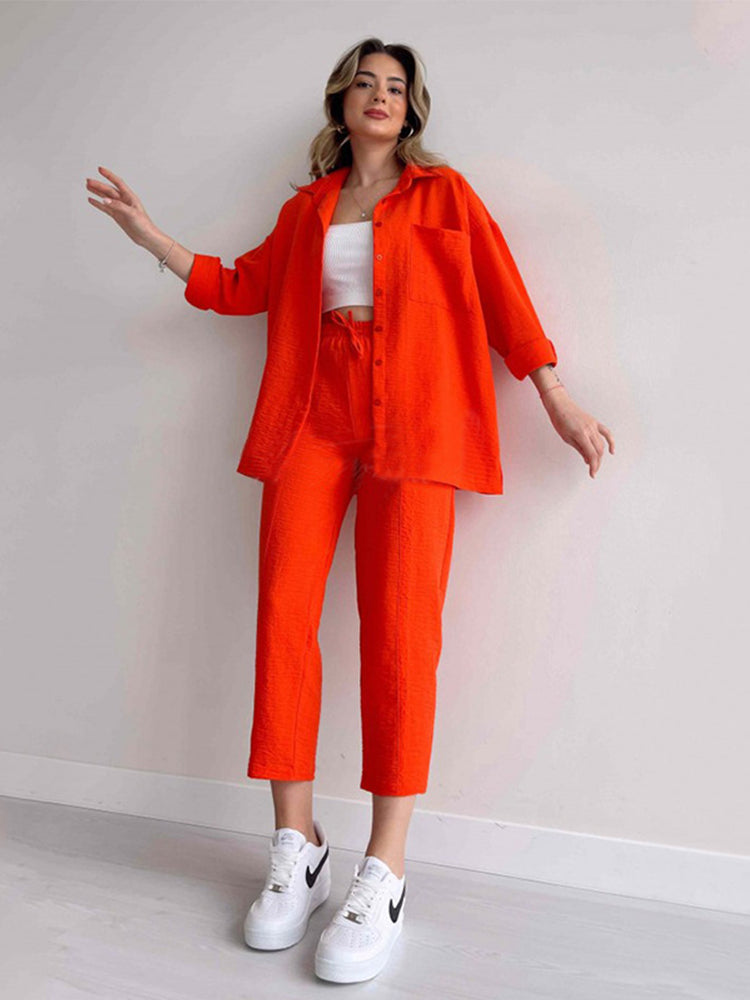 Oversized Shirt and Cropped Trousers Co-ord Set with Button Closures