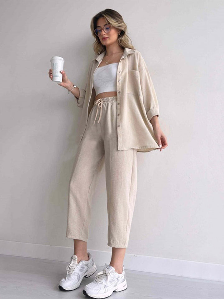 Oversized Shirt and Cropped Trousers Co-ord Set with Button Closures