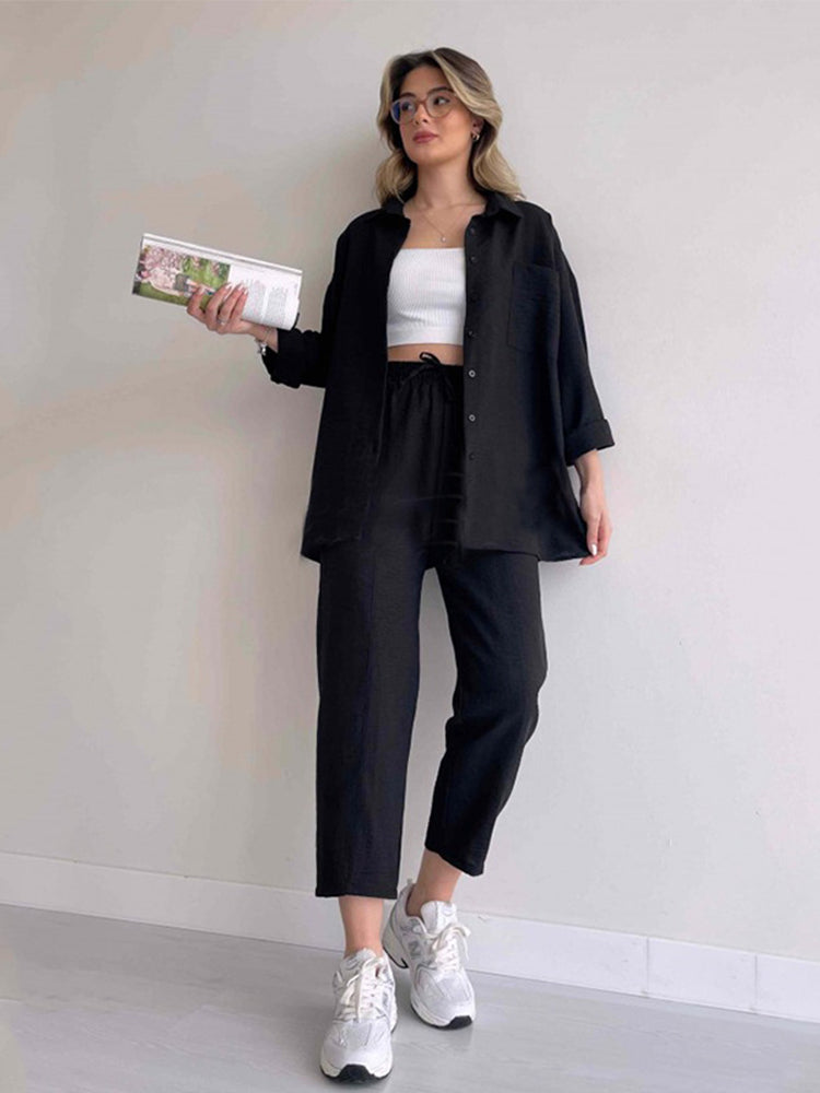 Oversized Shirt and Cropped Trousers Co-ord Set with Button Closures