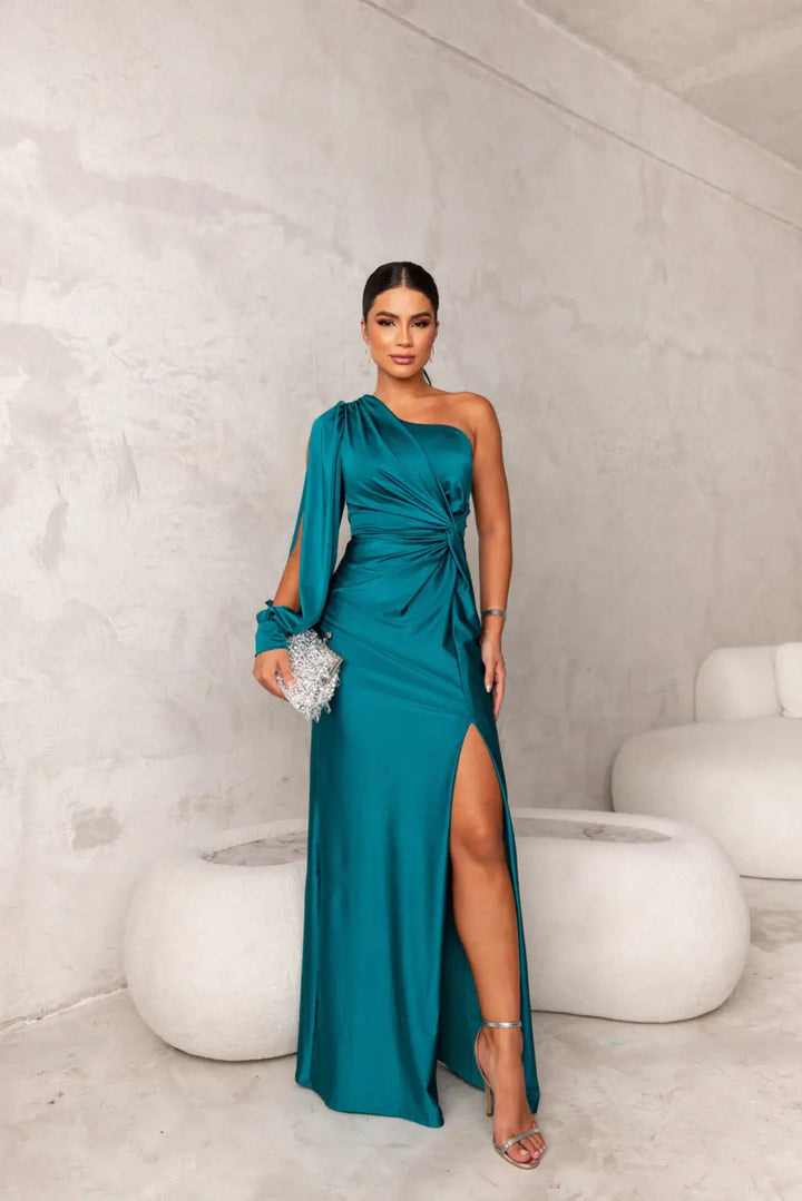 One-Shoulder Maxi Dress with Draped Sleeve and Front Slit