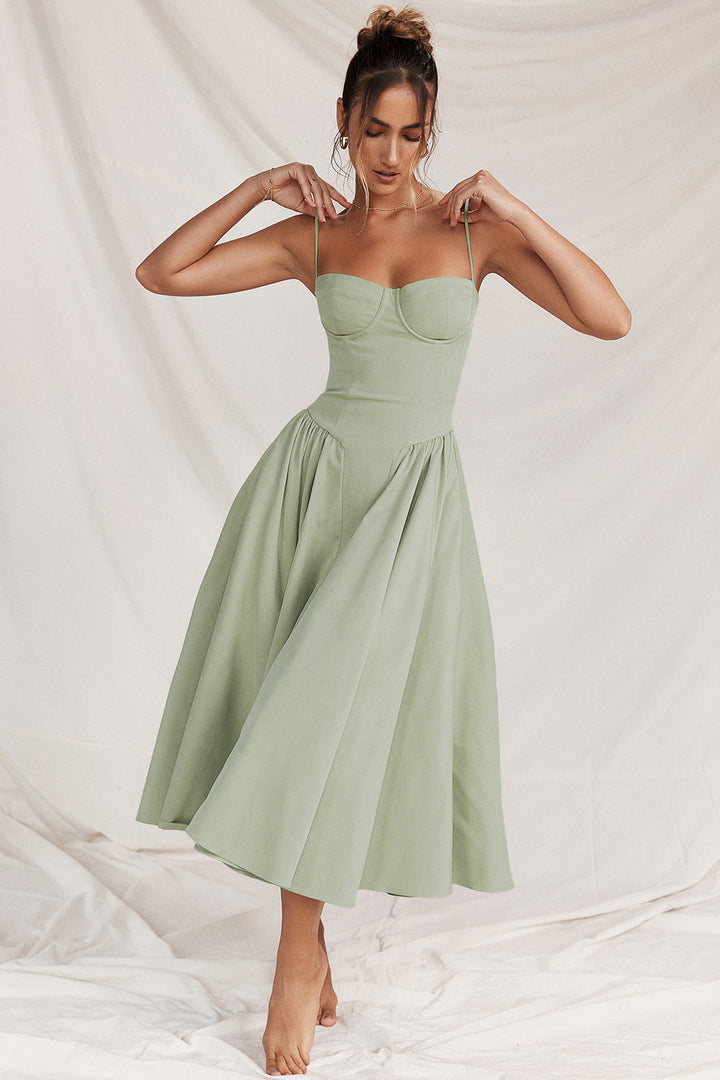 Midi Dress with Spaghetti Straps, Bustier Bodice, and Side Pockets
