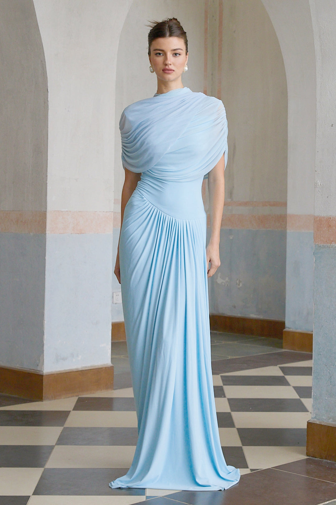 Draped Maxi Dress with High Neckline and Ruched Skirt