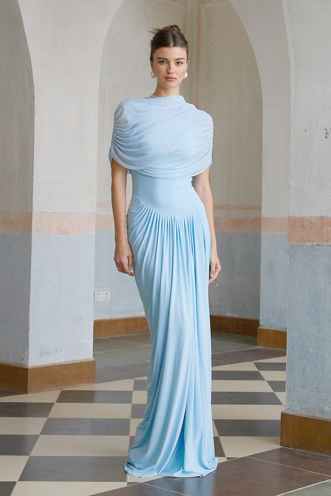 Draped Maxi Dress with High Neckline and Ruched Skirt