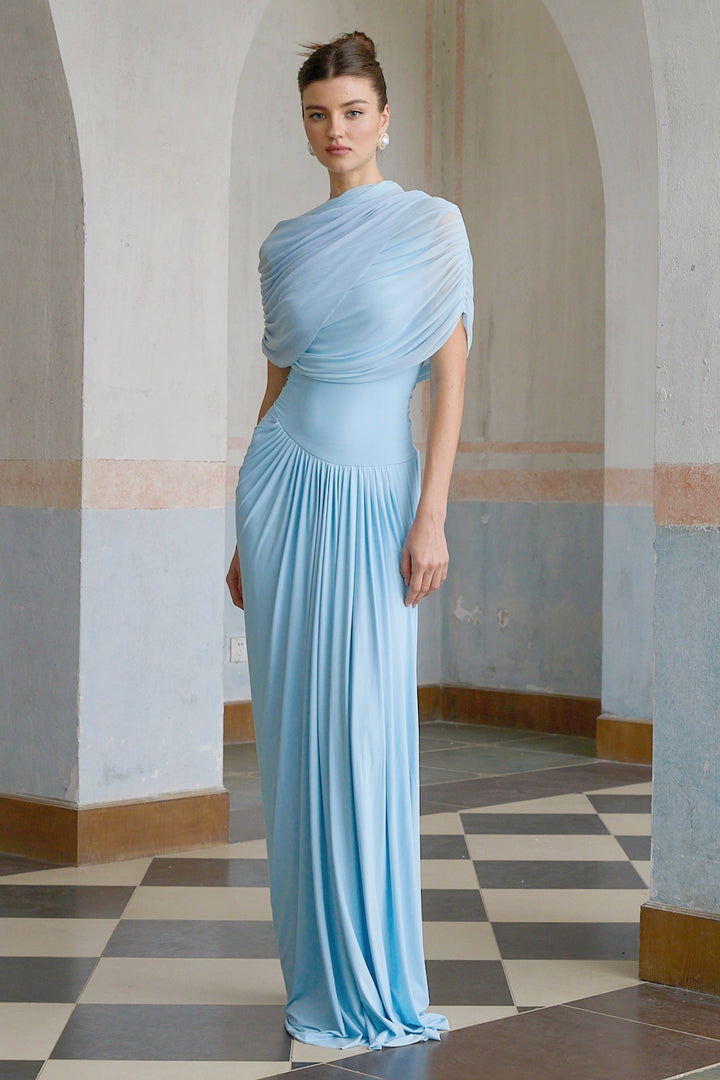 Draped Maxi Dress with High Neckline and Ruched Skirt