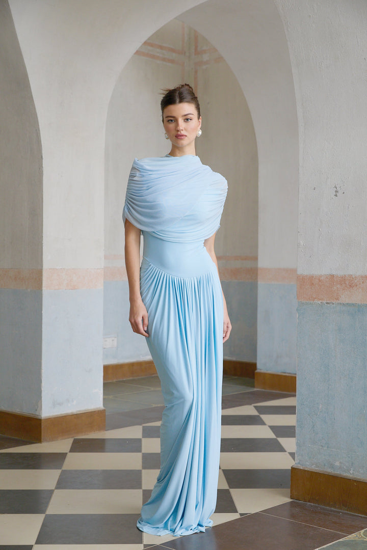 Draped Maxi Dress with High Neckline and Ruched Skirt