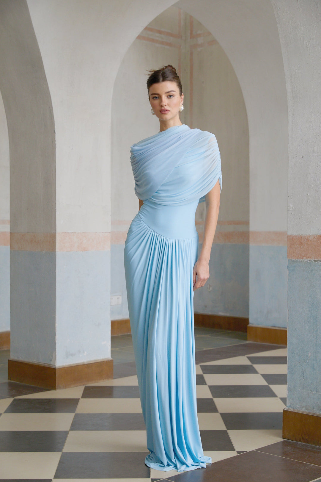Draped Maxi Dress with High Neckline and Ruched Skirt