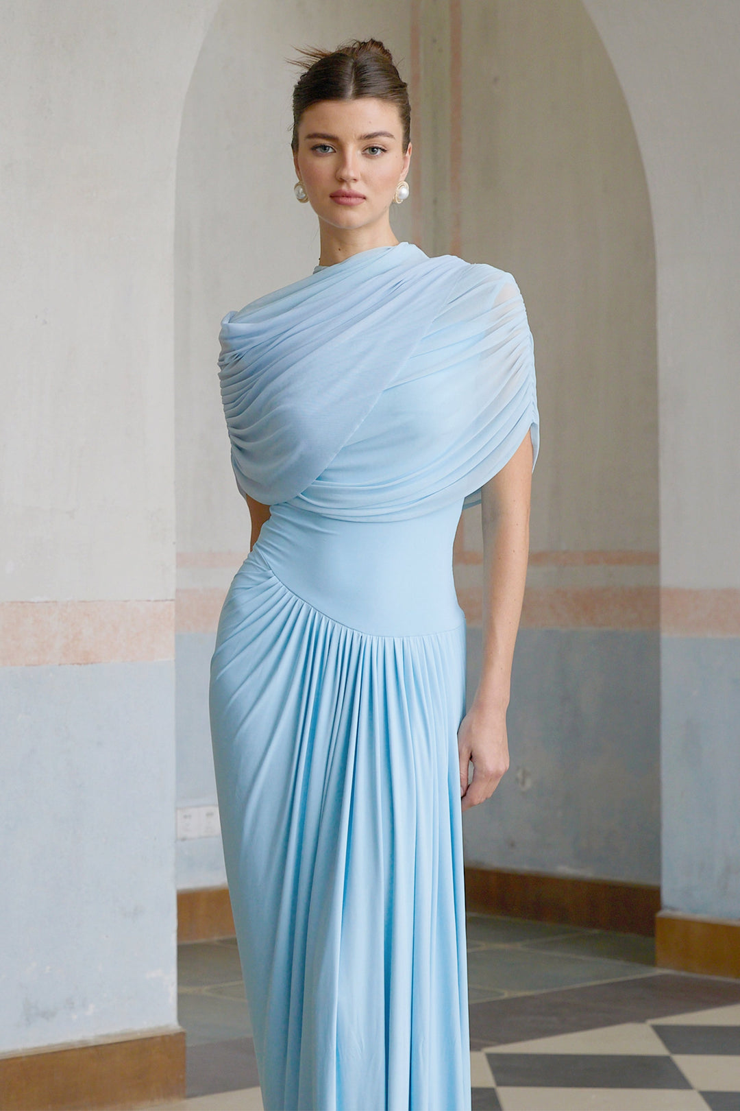 Draped Maxi Dress with High Neckline and Ruched Skirt