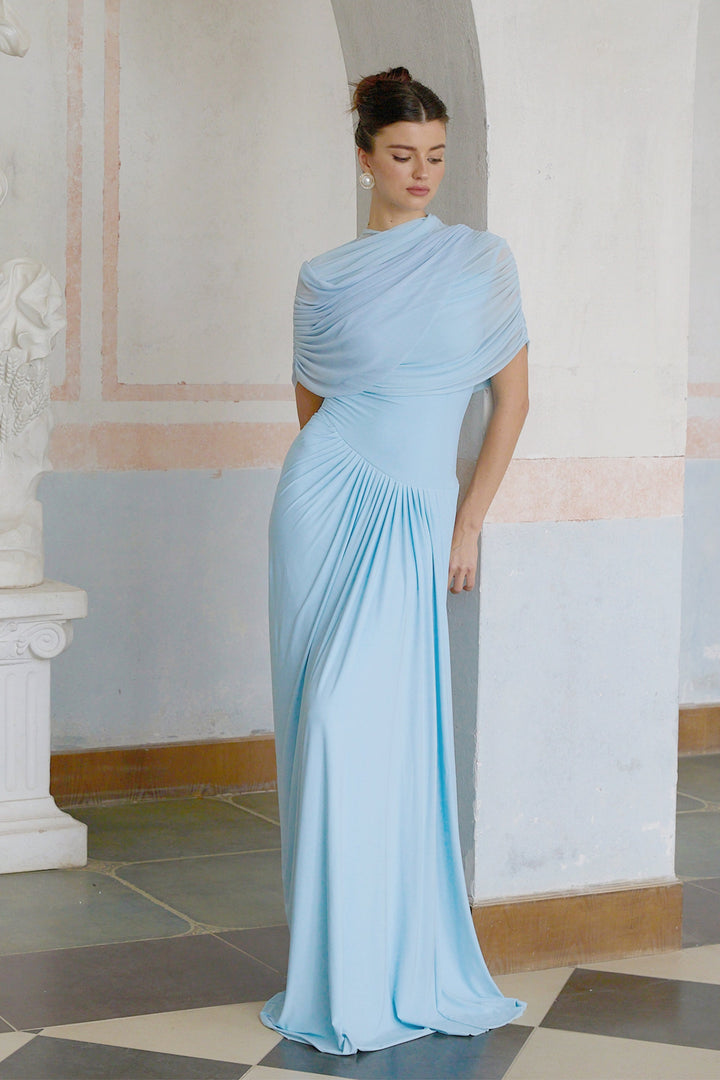 Draped Maxi Dress with High Neckline and Ruched Skirt