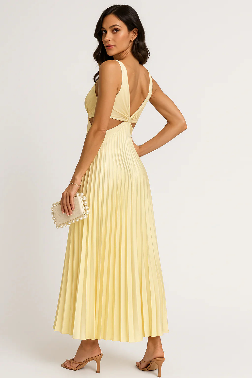 Pleated Midi Dress with V-Neckline and Cut-Out Details