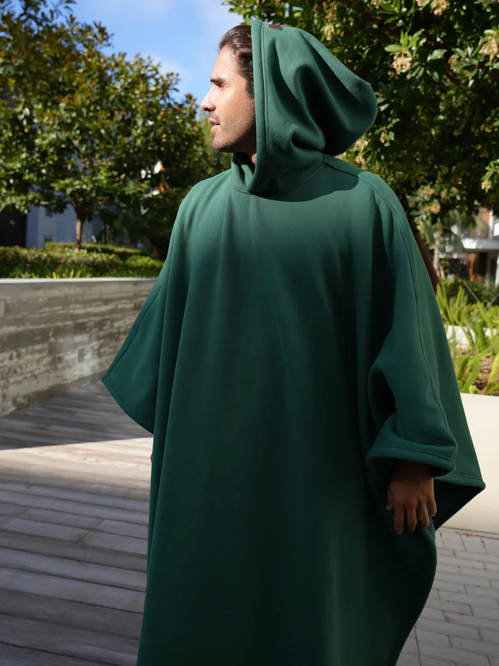 Hooded Terry-Lined Poncho with Snap Button Closure and Full Length