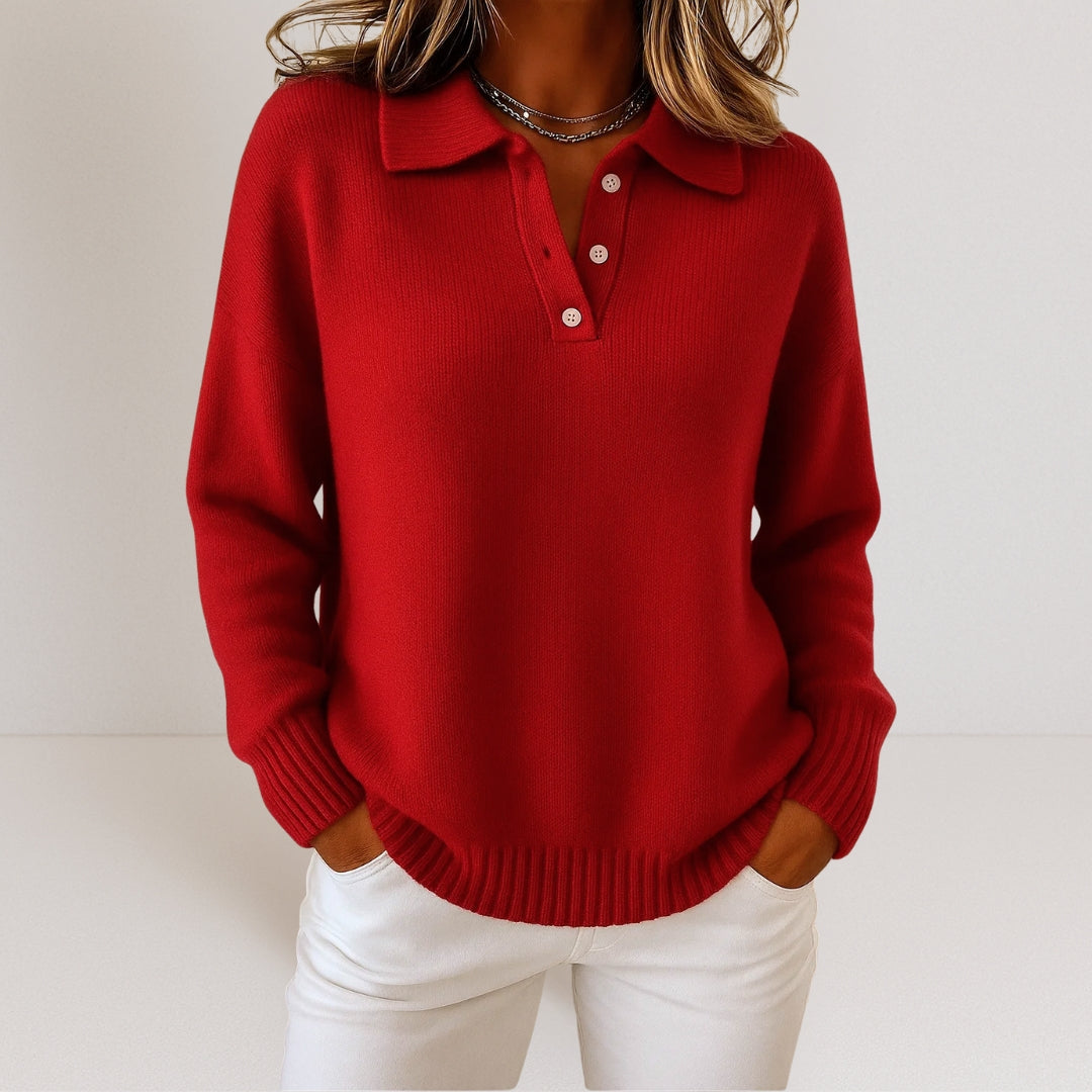 Long Sleeve Polo Jumper with Button Placket and Ribbed Hem