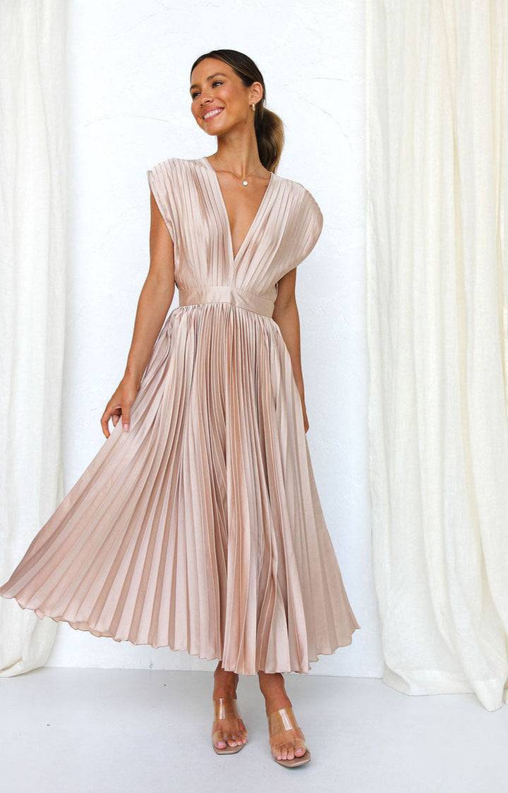 Plissé Pleated Midi Dress with Deep V-Neckline and Cap Sleeves