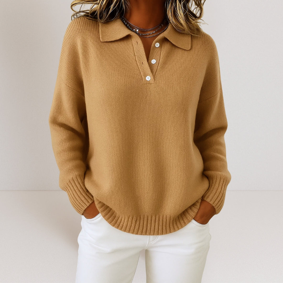 Long Sleeve Polo Jumper with Button Placket and Ribbed Hem