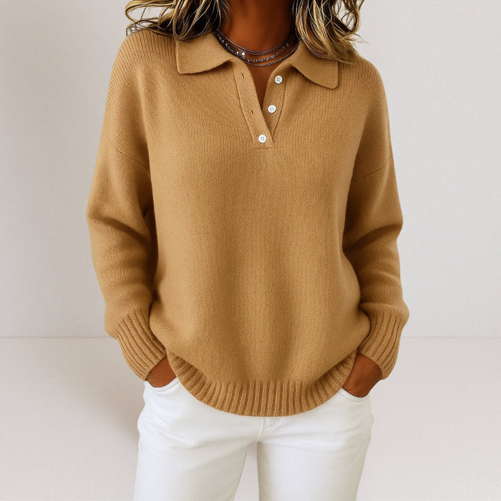 Long Sleeve Polo Jumper with Button Placket and Ribbed Hem