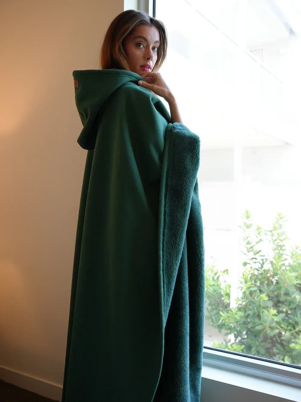 Hooded Terry-Lined Poncho with Snap Button Closure and Full Length