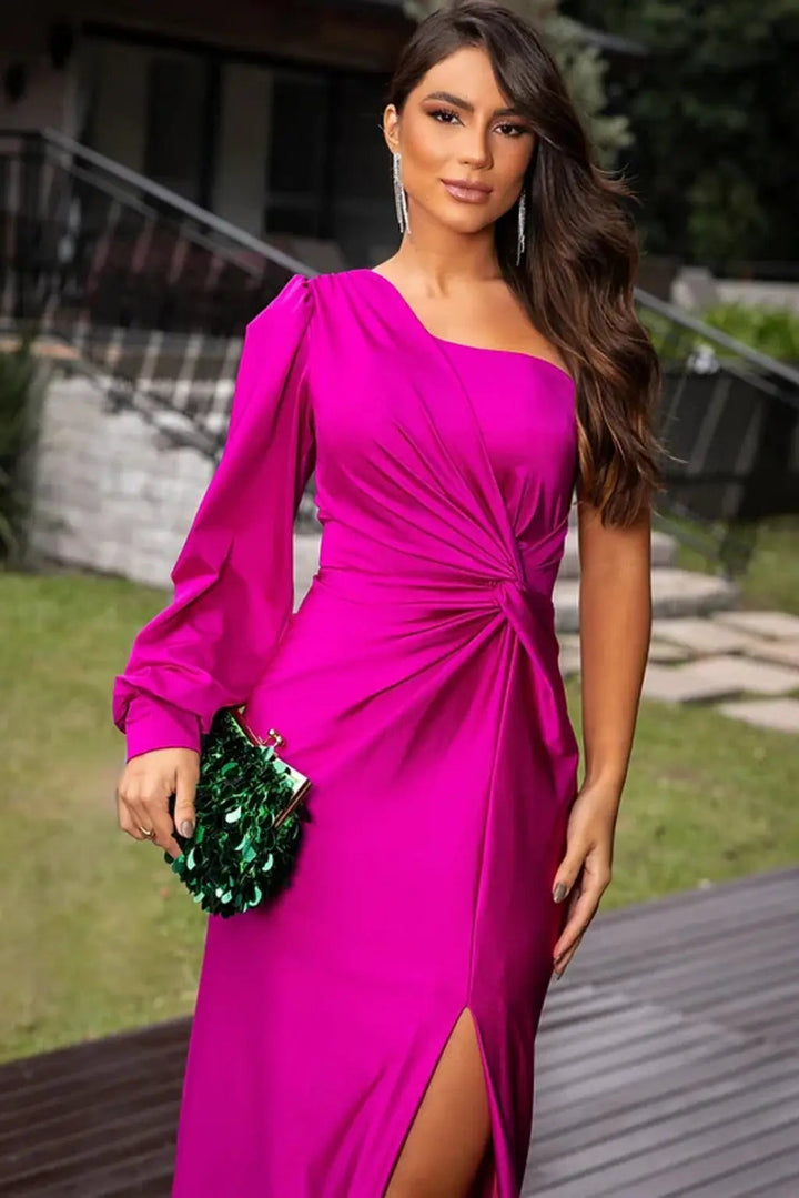 One-Shoulder Maxi Dress with Draped Sleeve and Front Slit