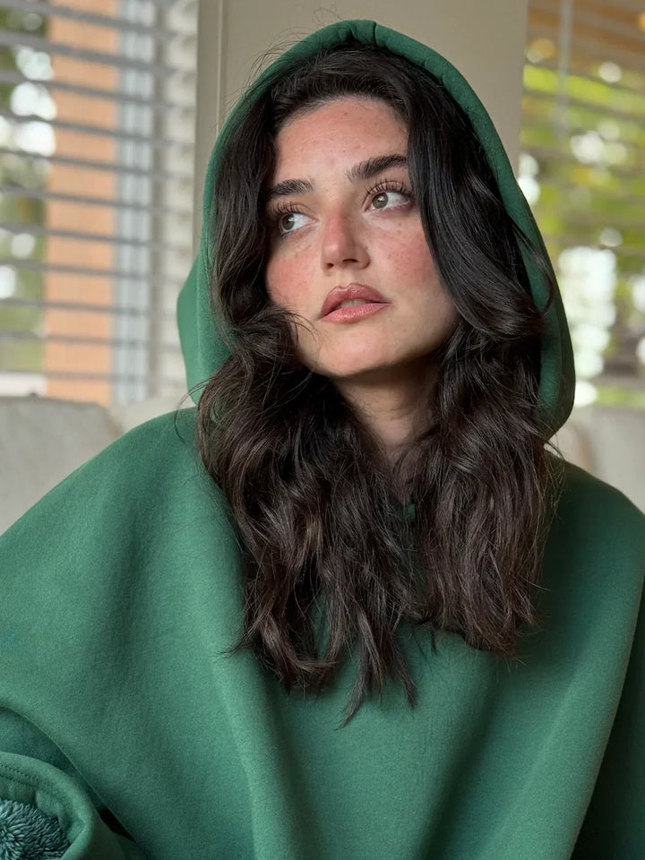 Hooded Terry-Lined Poncho with Snap Button Closure and Full Length