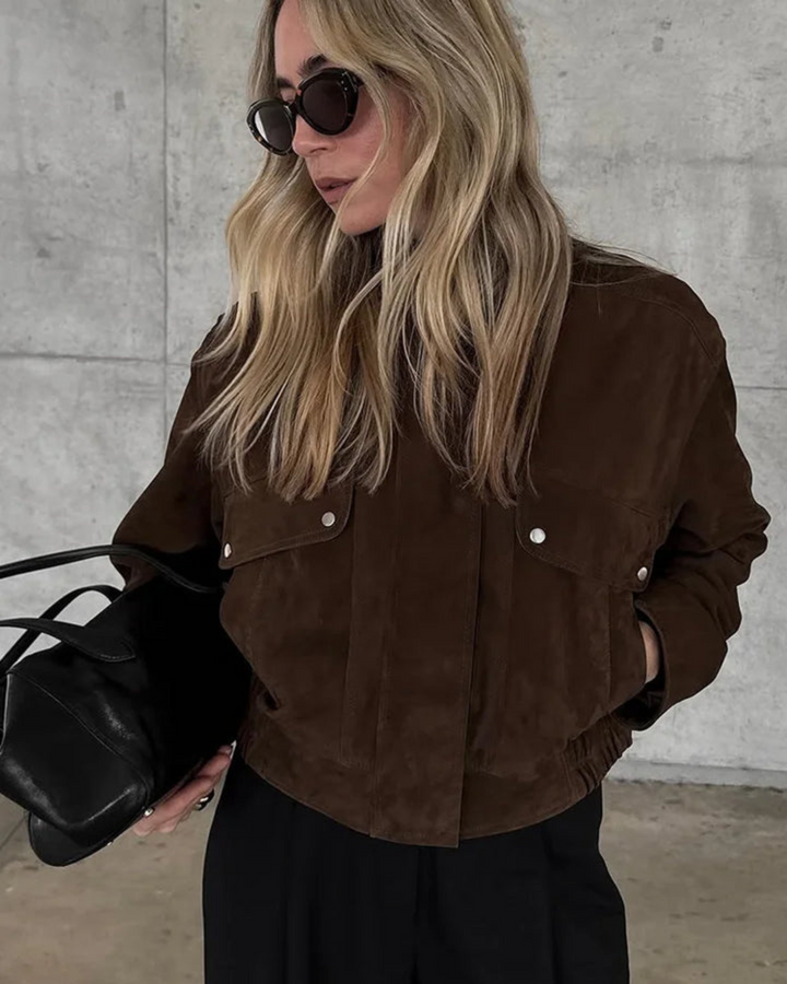 Bomber Jacket with Zip Closure, High Collar, and Chest Flap Pockets