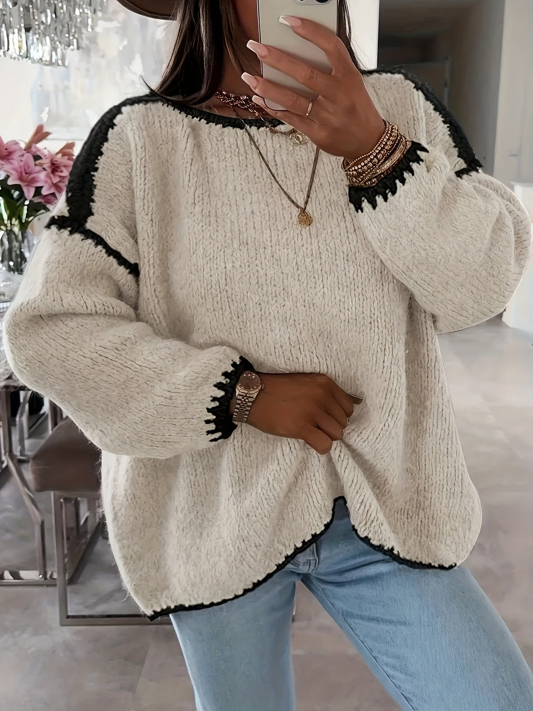Round Neck Oversized Sweater with Contrast Stitching and Balloon Sleeves