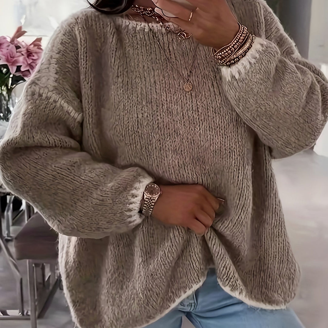 Round Neck Oversized Sweater with Contrast Stitching and Balloon Sleeves