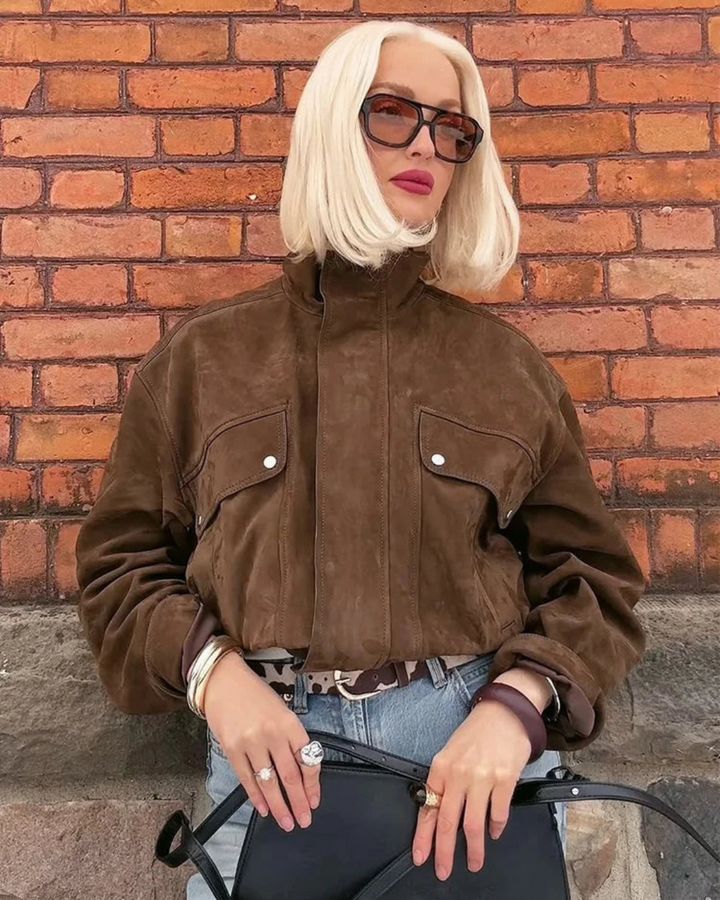 Bomber Jacket with Zip Closure, High Collar, and Chest Flap Pockets