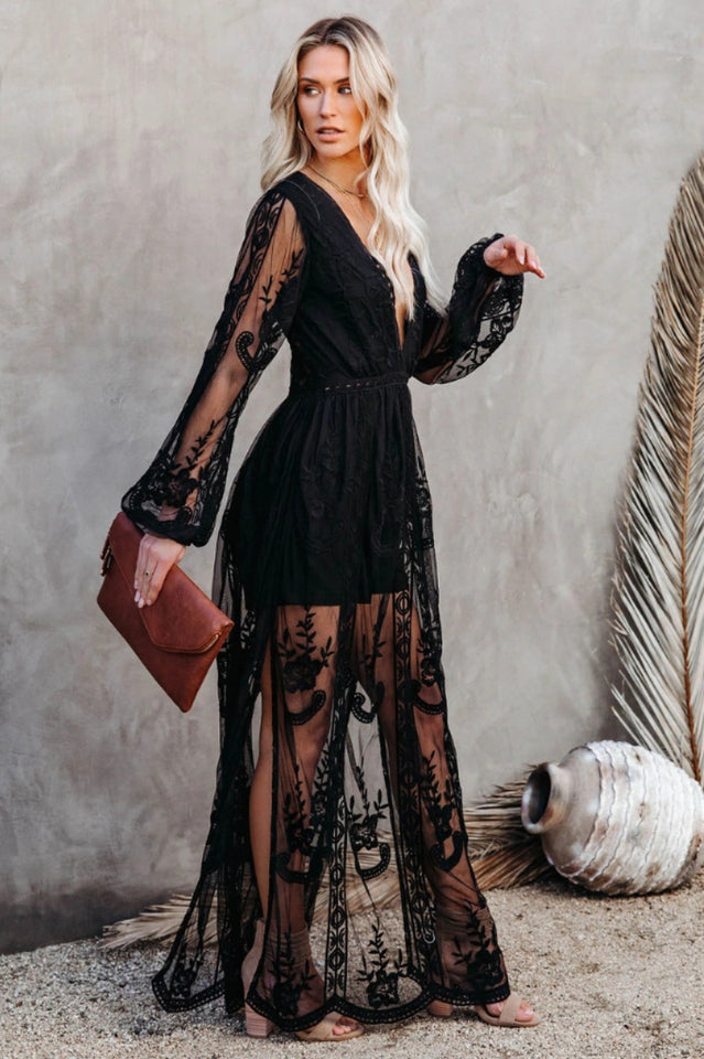 Lace Embroidered Maxi Dress with V-Neckline and Long Sleeves