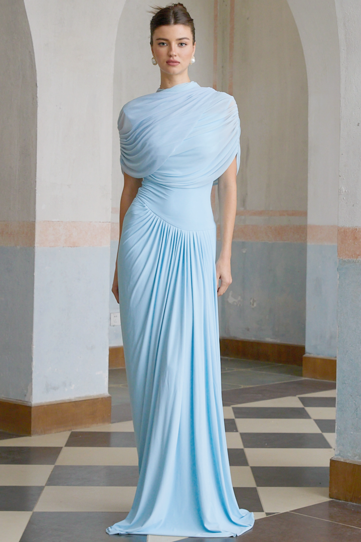Draped Maxi Dress with High Neckline and Ruched Skirt