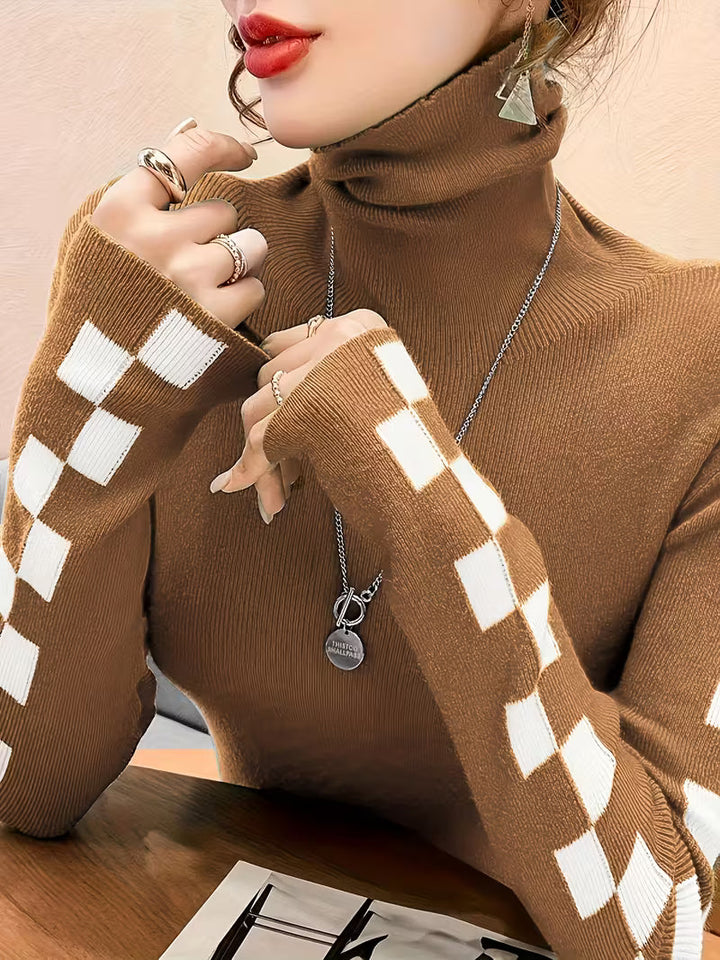 Fitted Turtleneck Top with Long Sleeves and Contrast Pattern Details