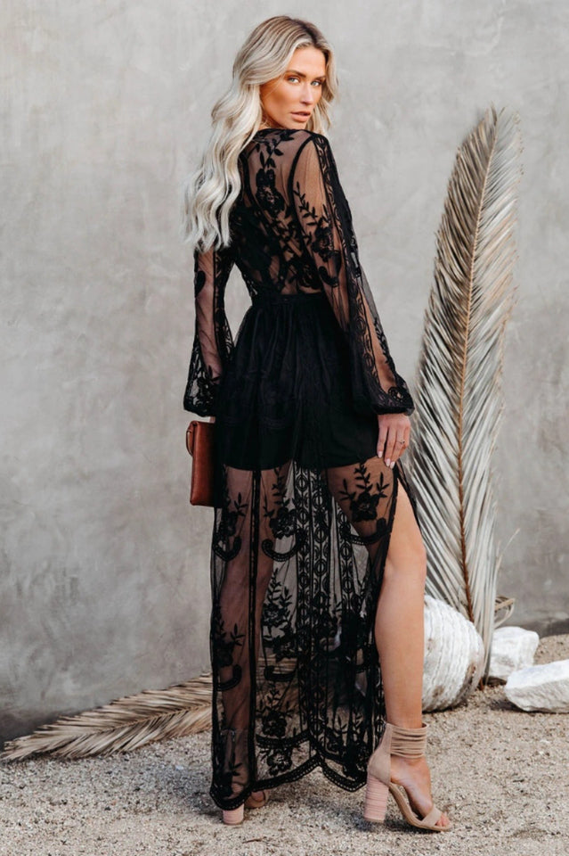 Lace Embroidered Maxi Dress with V-Neckline and Long Sleeves