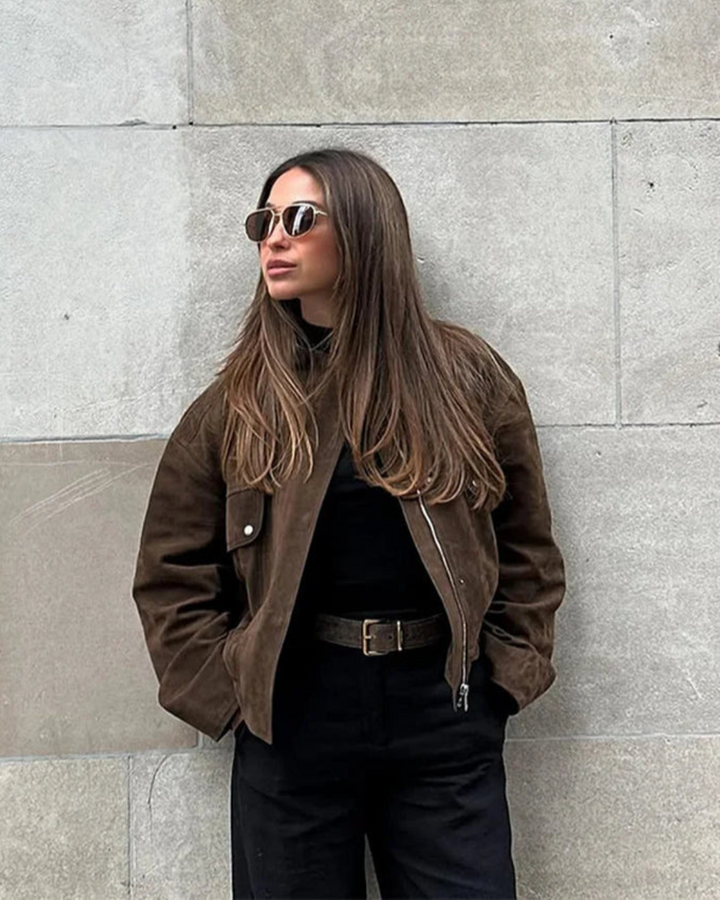 Bomber Jacket with Zip Closure, High Collar, and Chest Flap Pockets