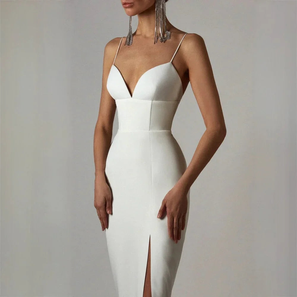 V-Neck Bodycon Dress with Spaghetti Straps and Thigh Split