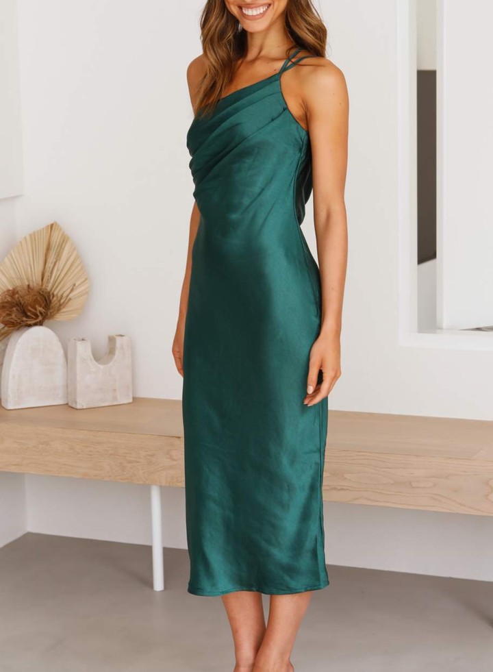 One-Shoulder Midi Dress with Drape Neckline and Single Strap