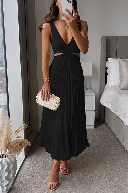 Pleated Midi Dress with V-Neckline and Cut-Out Details