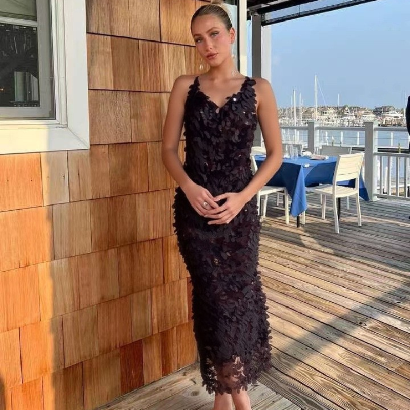 Spaghetti Strap Dress with Cowl Neck and Sequin Finish