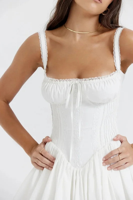 Mini Dress with Spaghetti Straps, Lace Trim, and Corset Bodice