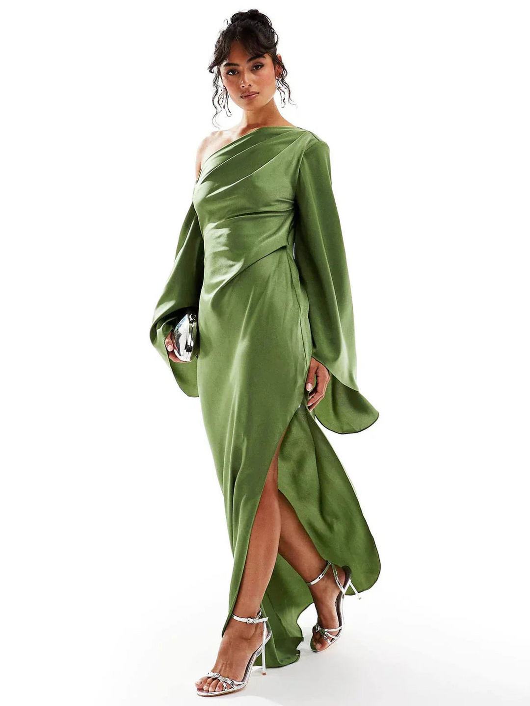 One-Shoulder Maxi Dress with Batwing Sleeve and Side Split Hem