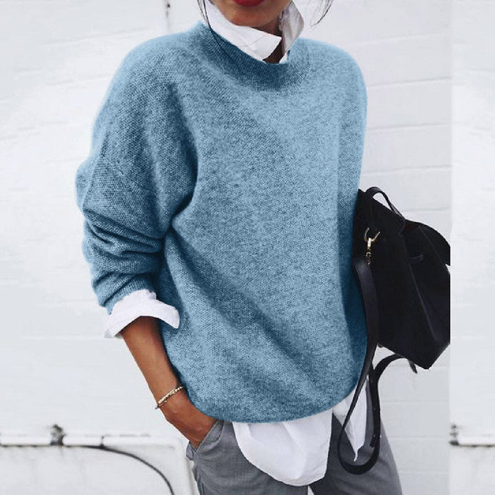 Crew Neck Oversized Knit Sweater with Dropped Shoulders and Ribbed Trims