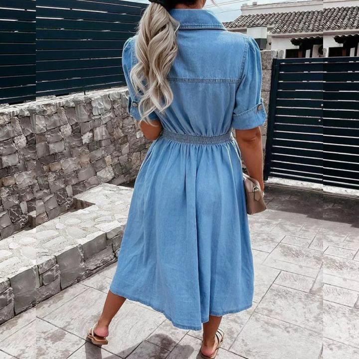 Collared Denim Dress with Button Closure and Puff Sleeves