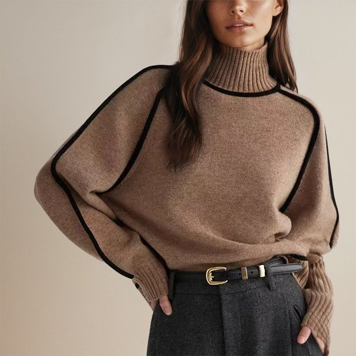 Contrast Trim Turtleneck Sweater with Long Sleeves