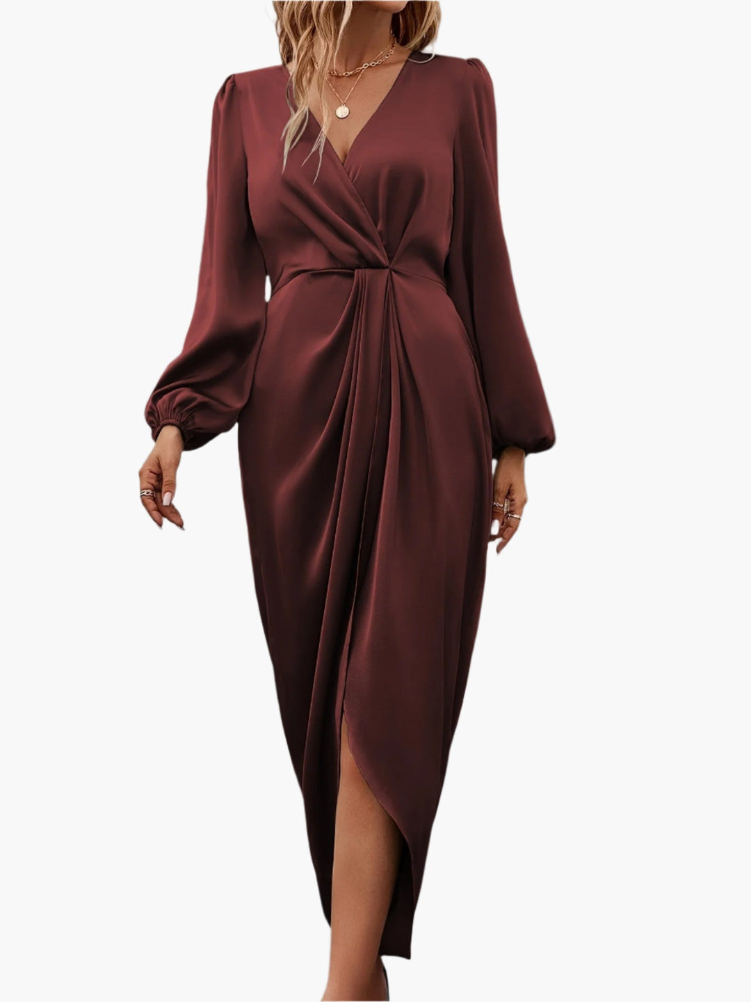 V-Neckline Wrap Dress with Balloon Long Sleeves and Draped Skirt