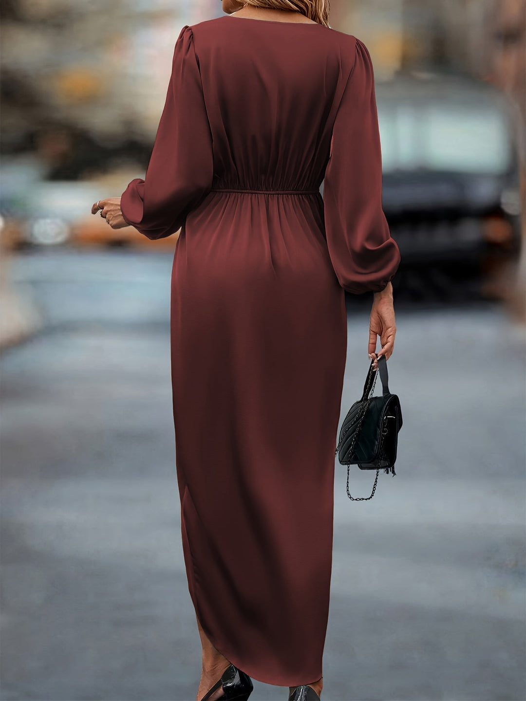 V-Neckline Wrap Dress with Balloon Long Sleeves and Draped Skirt