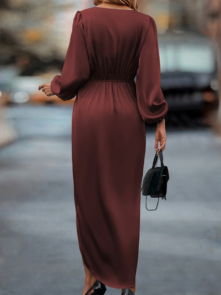 V-Neckline Wrap Dress with Balloon Long Sleeves and Draped Skirt