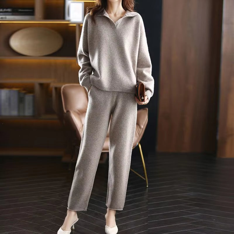Polo Neckline Long Sleeve Top and Straight Leg Trousers Knit Set