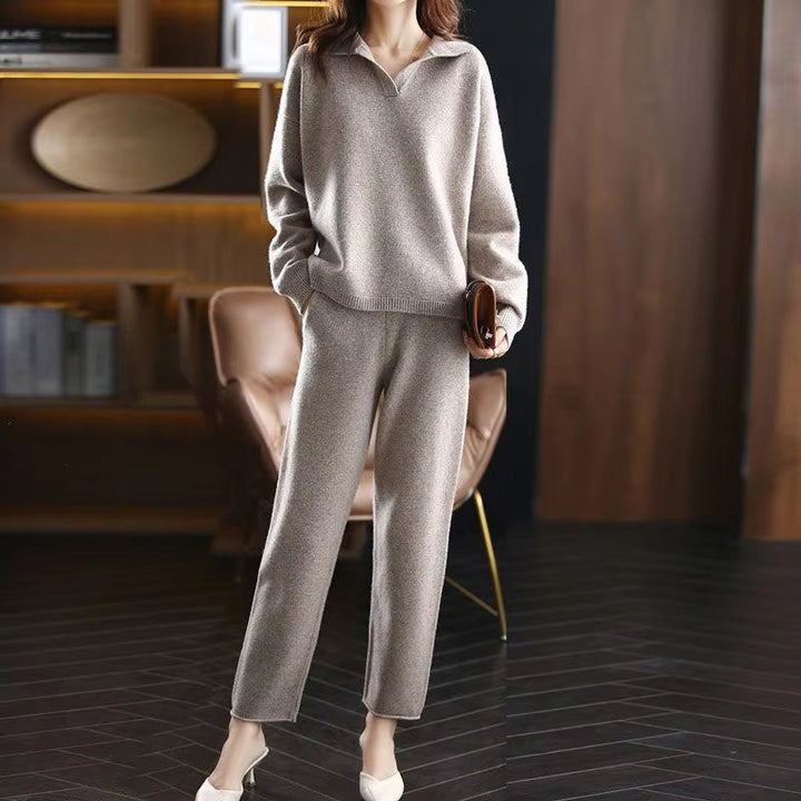 Polo Neckline Long Sleeve Top and Straight Leg Trousers Knit Set