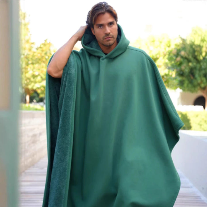 Hooded Terry-Lined Poncho with Snap Button Closure and Full Length