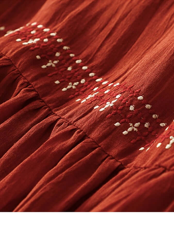 Cotton linen boho dress and Embroidered Waist
